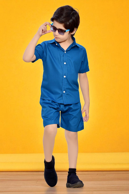 Plain Blue Cotton Summer Special Co-Ord Set for Boys