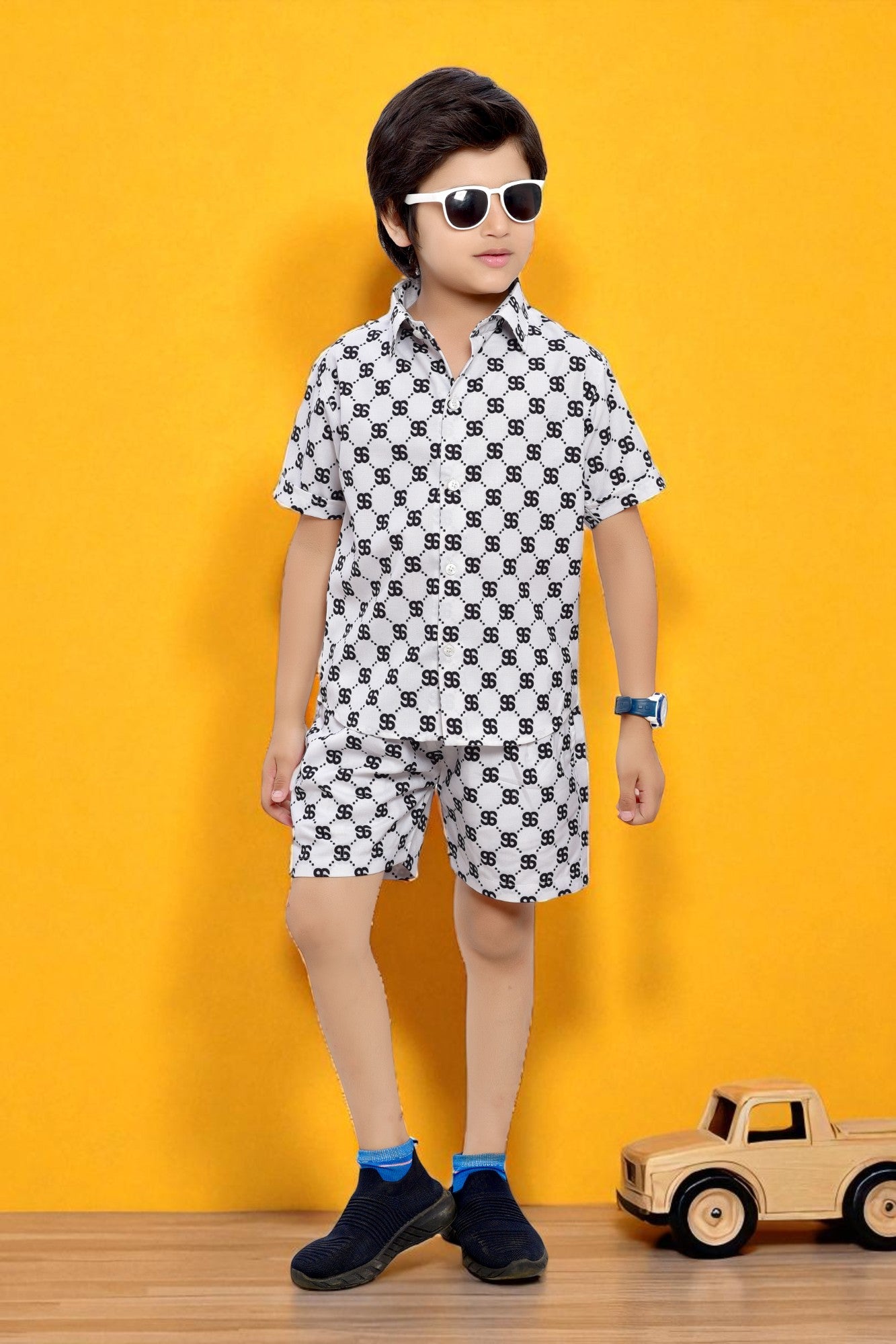 Cool White Text Printed Cotton Shorts Co-Ord Set for Boys