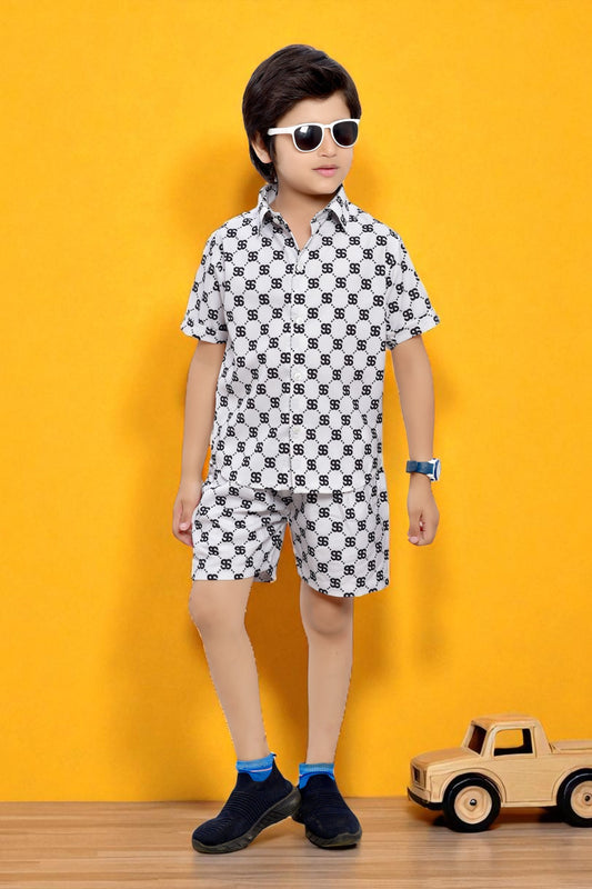 Cool White Text Printed Cotton Shorts Co-Ord Set for Boys