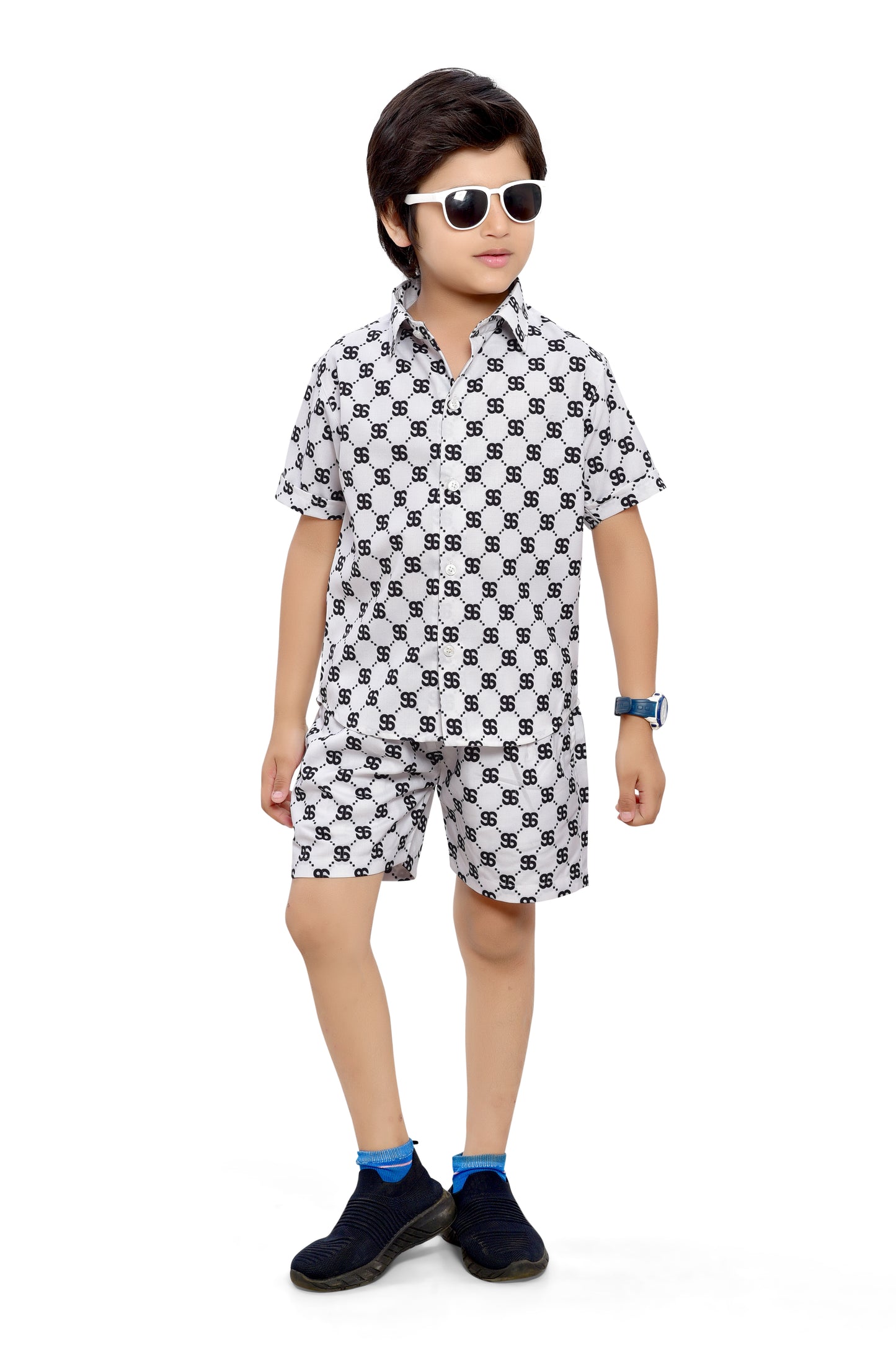 Cool White Text Printed Cotton Shorts Co-Ord Set for Boys