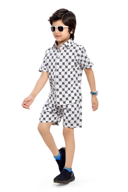 Cool White Text Printed Cotton Shorts Co-Ord Set for Boys