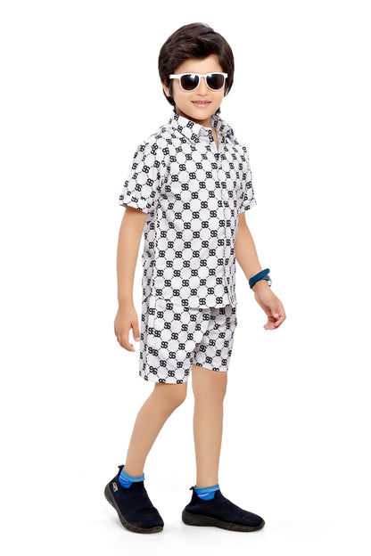 Cool White Text Printed Cotton Shorts Co-Ord Set for Boys