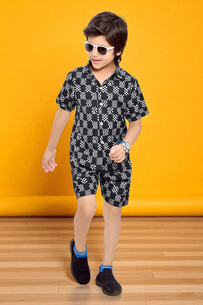 Black and White Abstract Checks Printed Cotton Shorts Boys Co-Ord Set