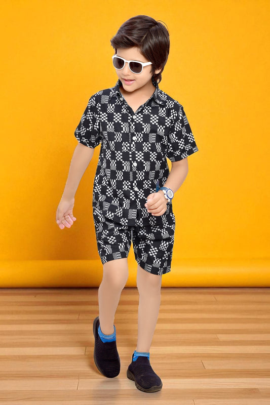 Black and White Abstract Checks Printed Cotton Shorts Boys Co-Ord Set