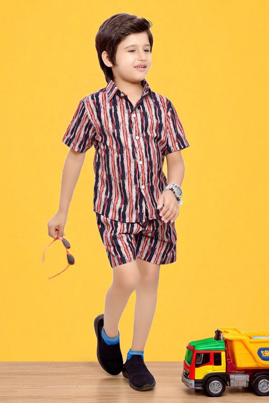 Brown Vertical Striped Printed Boys Cotton Co-Ord Set
