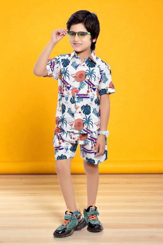 White Beach Vibes Cotton Printed Boys Shorts Co-Ord Set