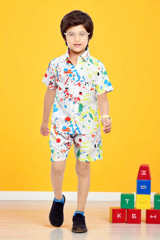 Cool White Color Splash Boys Cotton Shorts Co-Ord Set