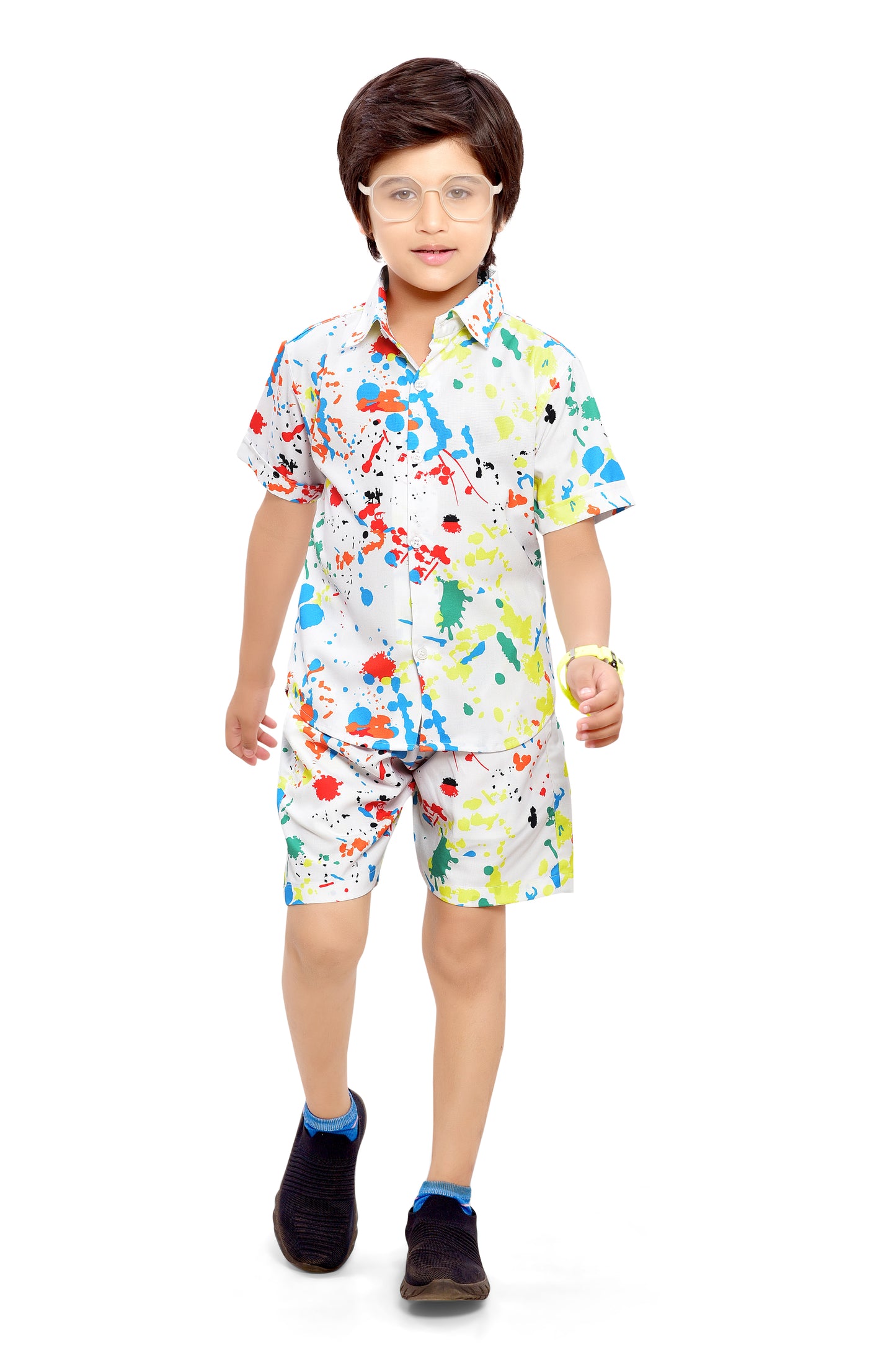 Cool White Color Splash Boys Cotton Shorts Co-Ord Set