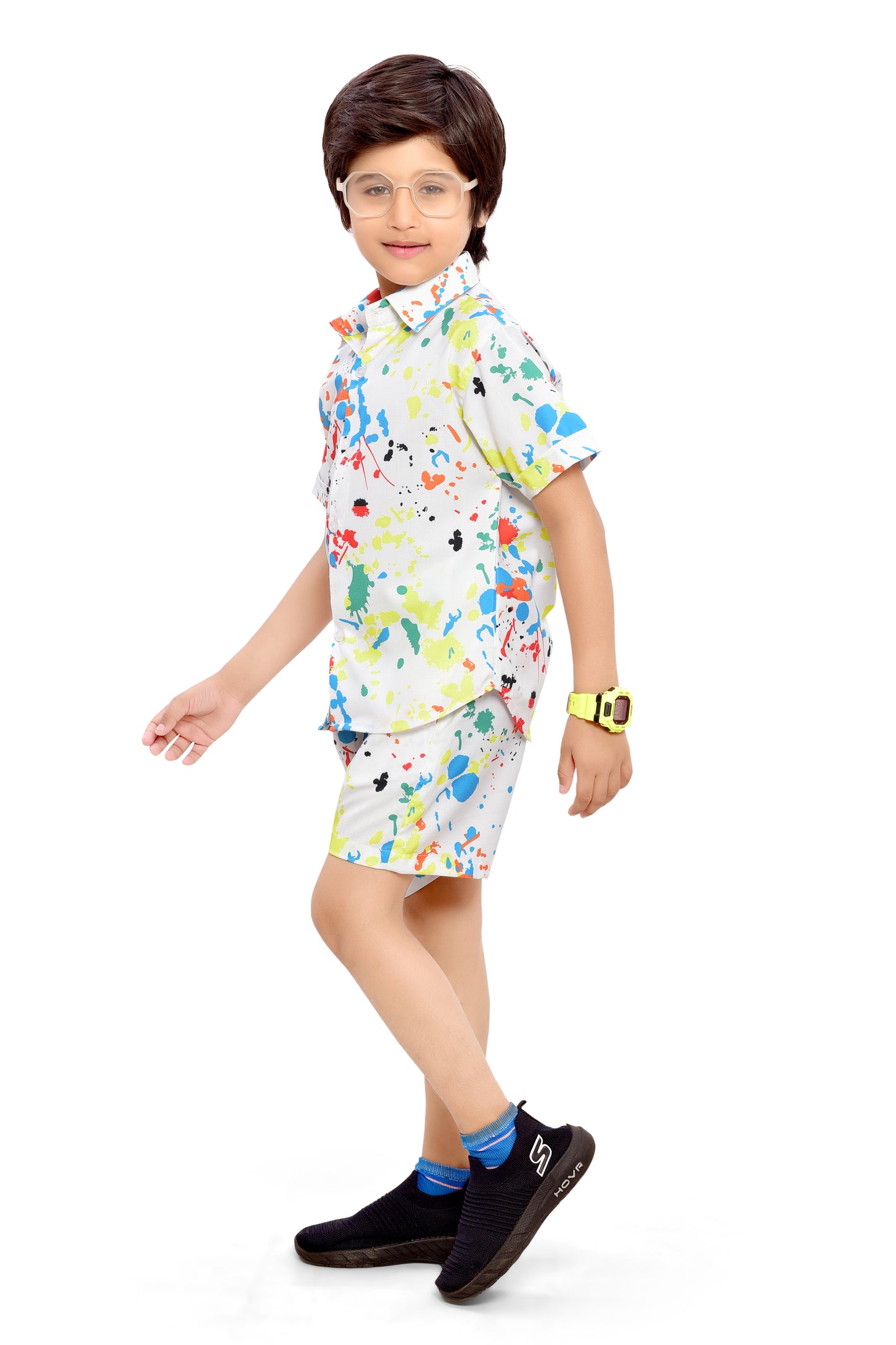 Cool White Color Splash Boys Cotton Shorts Co-Ord Set