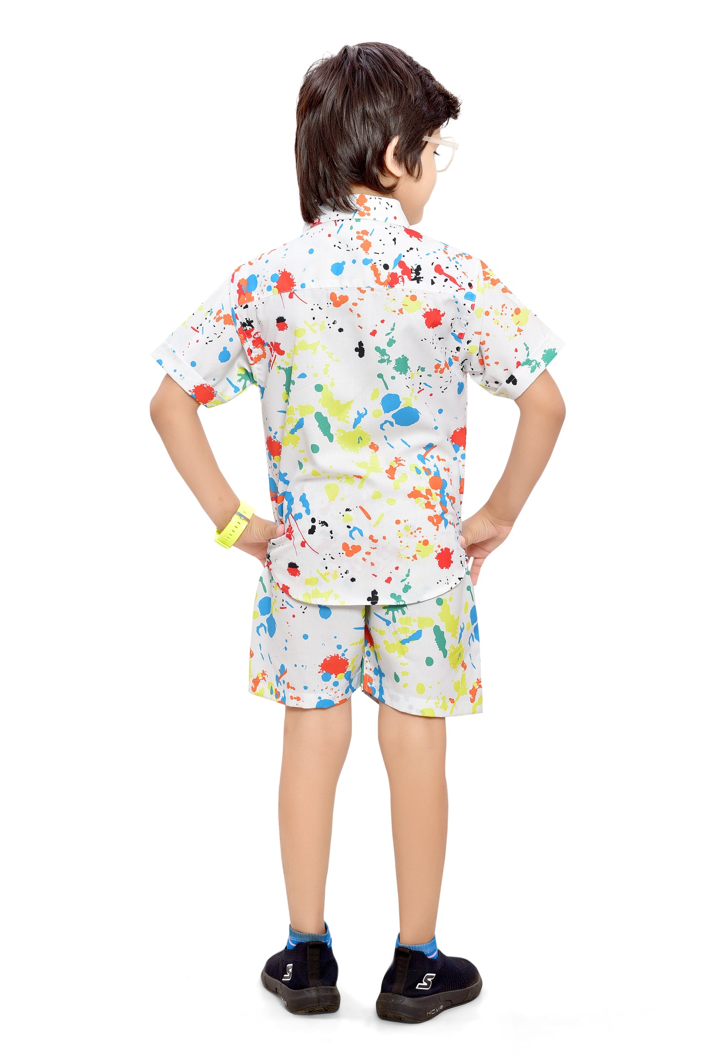 Cool White Color Splash Boys Cotton Shorts Co-Ord Set