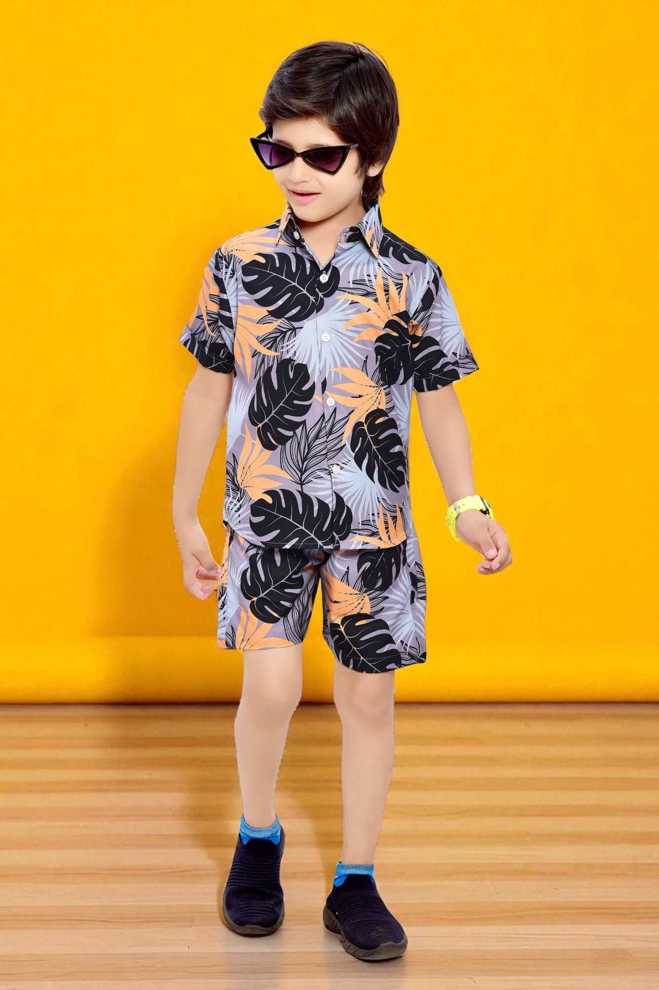 Grey Vacation Tropical Leaf Printed Cotton Co-Ord Set