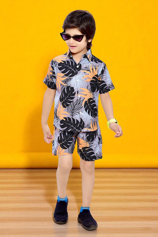 Grey Vacation Tropical Leaf Printed Cotton Co-Ord Set