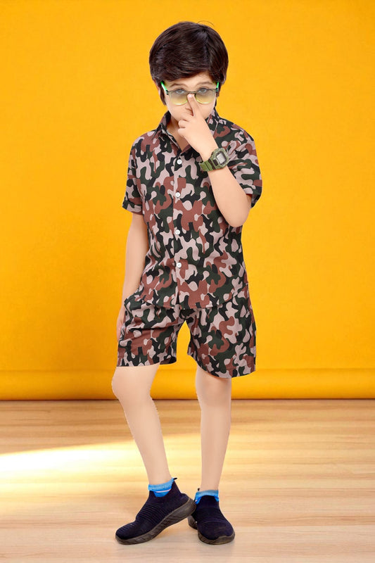 Brown Camouflage Printed Boys Cotton Shorts Co-Ord Set