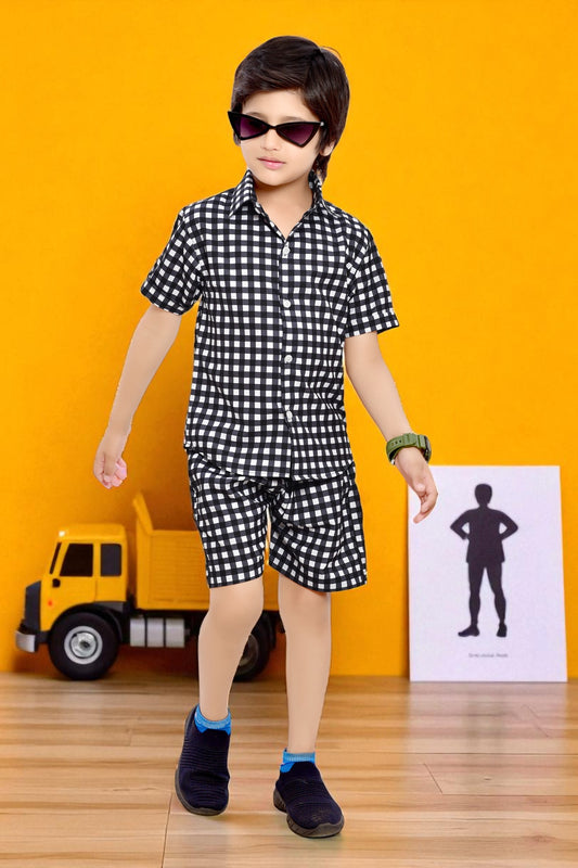Black and White Small Checks Printed Cotton Co-Ord Set for Boys