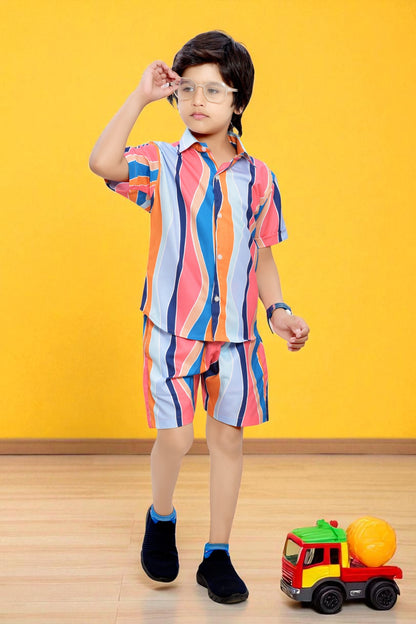 Rainbow Striped Printed Boys Cotton Shorts Co-Ord Set