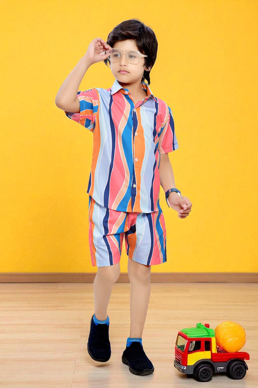 Rainbow Striped Printed Boys Cotton Shorts Co-Ord Set