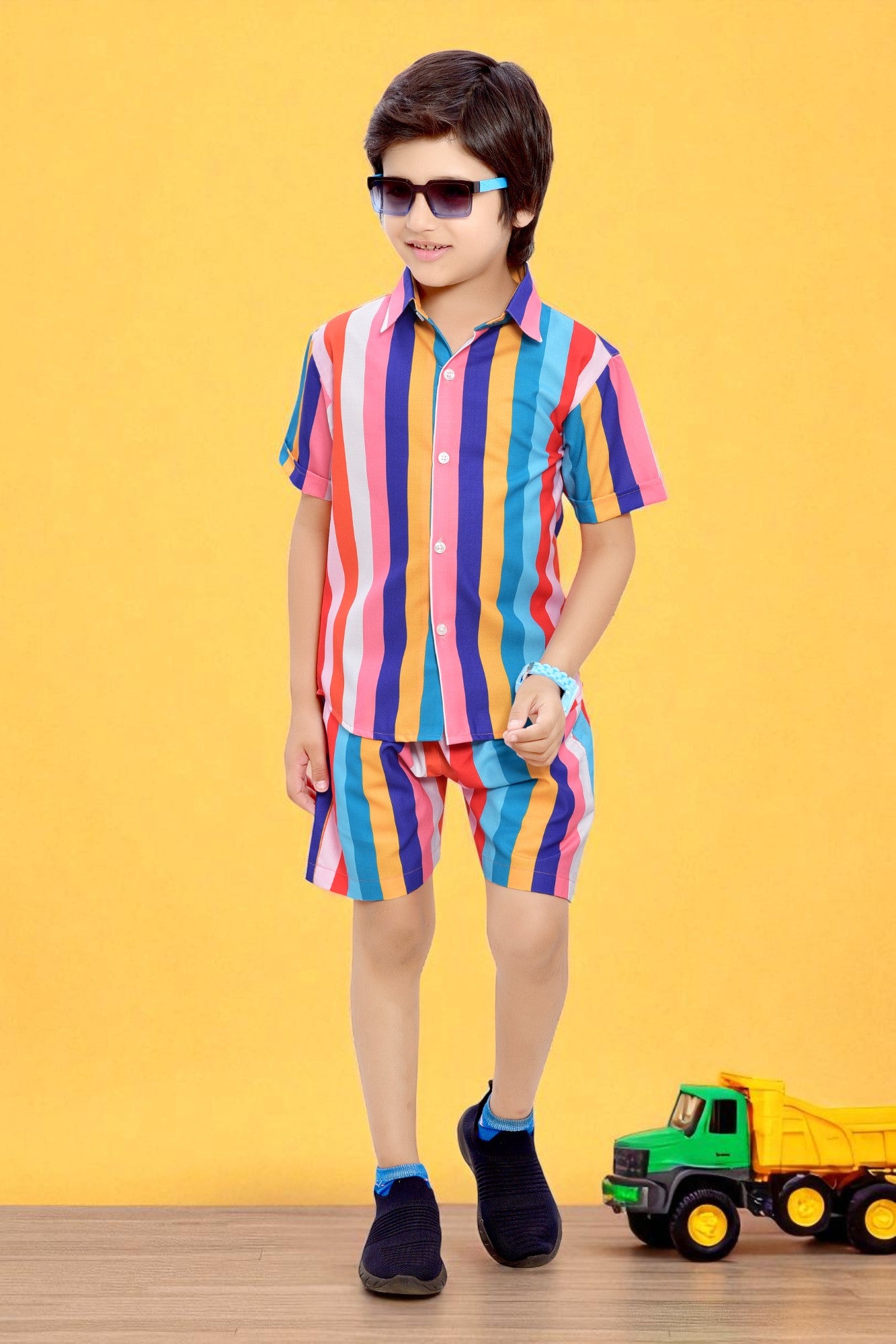 Colorful Rainbow Lining Printed Cotton Co-Ord Set for Boys