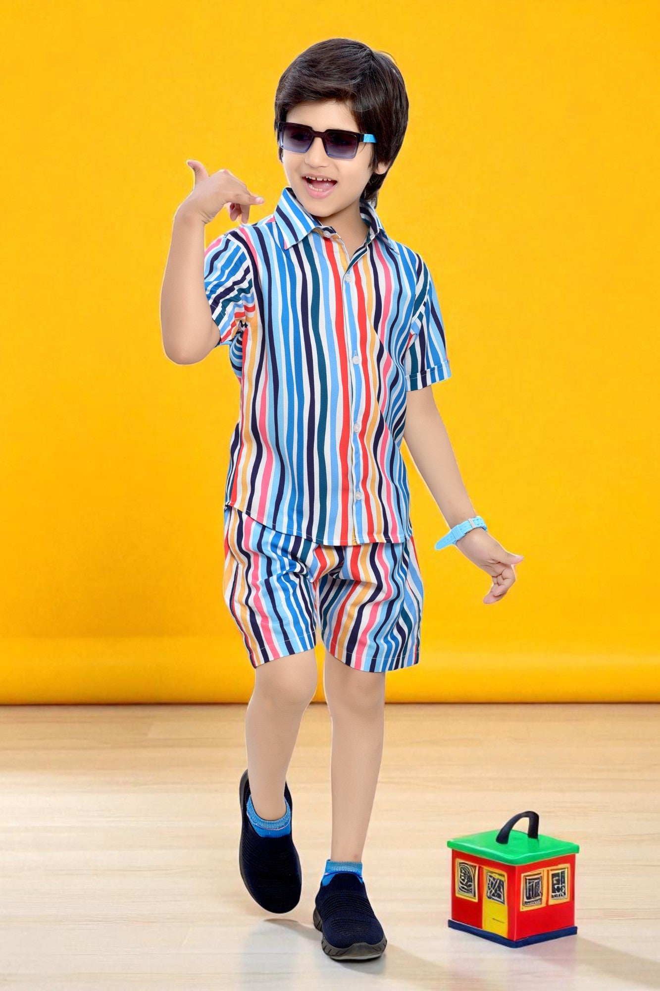 Colorful Striped Printed Boys Cotton Shorts Co-Ord Set