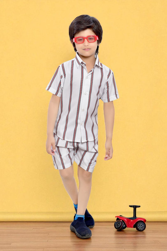 White Striped Printed Cotton Shorts Co-Ord Set for Boys