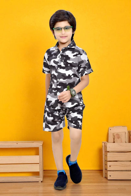 Black and White Camouflage Printed Boys Cotton Co-Ord Set