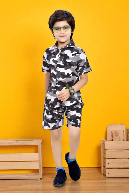 Black and White Camouflage Printed Boys Cotton Co-Ord Set