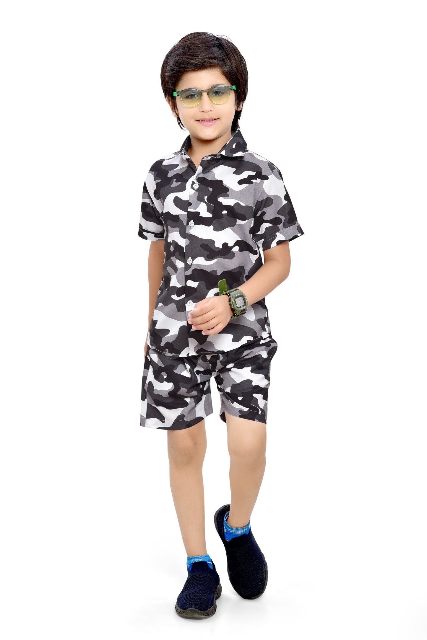 Black and White Camouflage Printed Boys Cotton Co-Ord Set