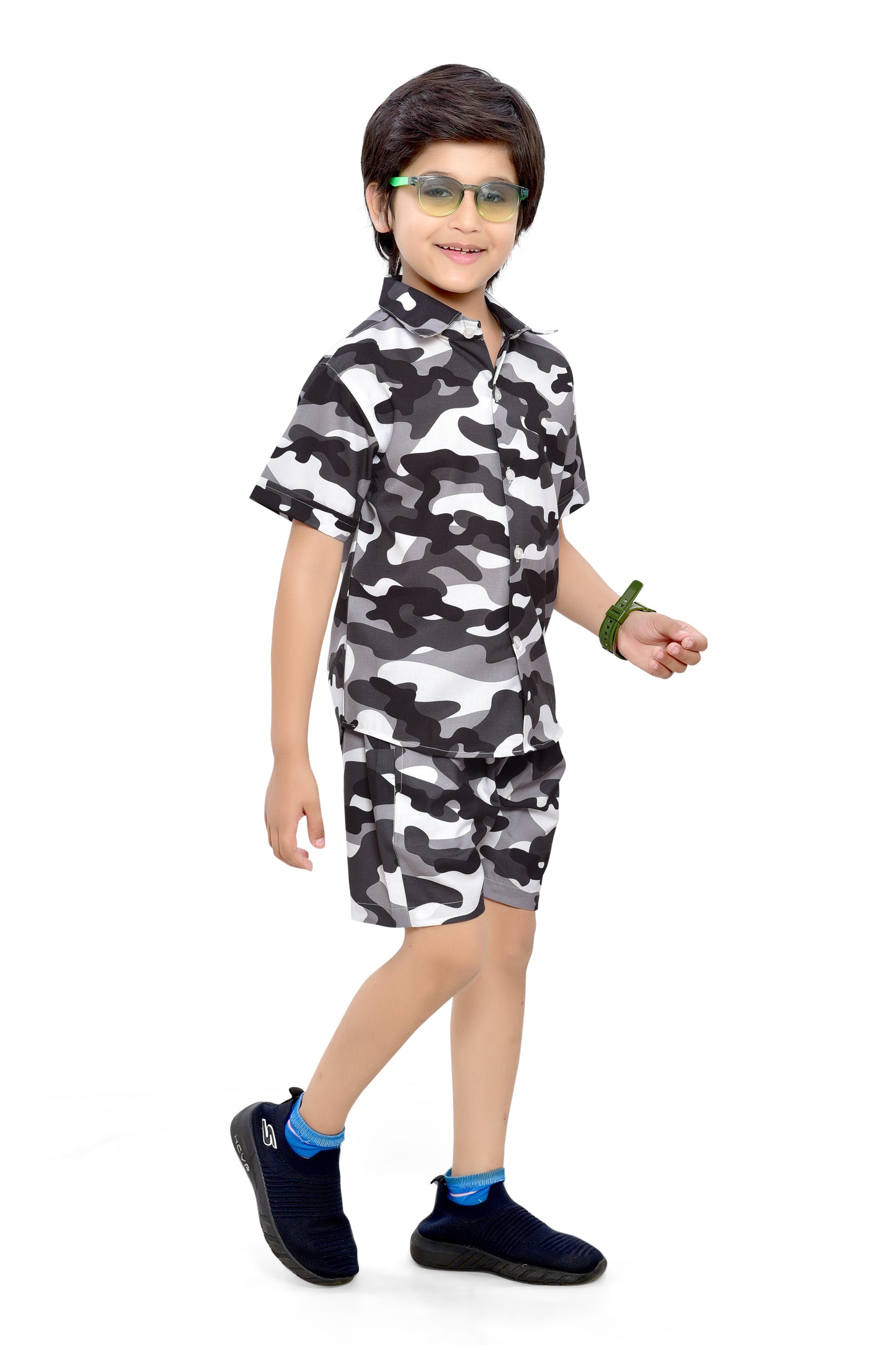 Black and White Camouflage Printed Boys Cotton Co-Ord Set