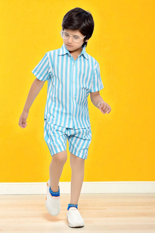 Sky Blue and White Striped Cotton Co-Ord Set for Boys