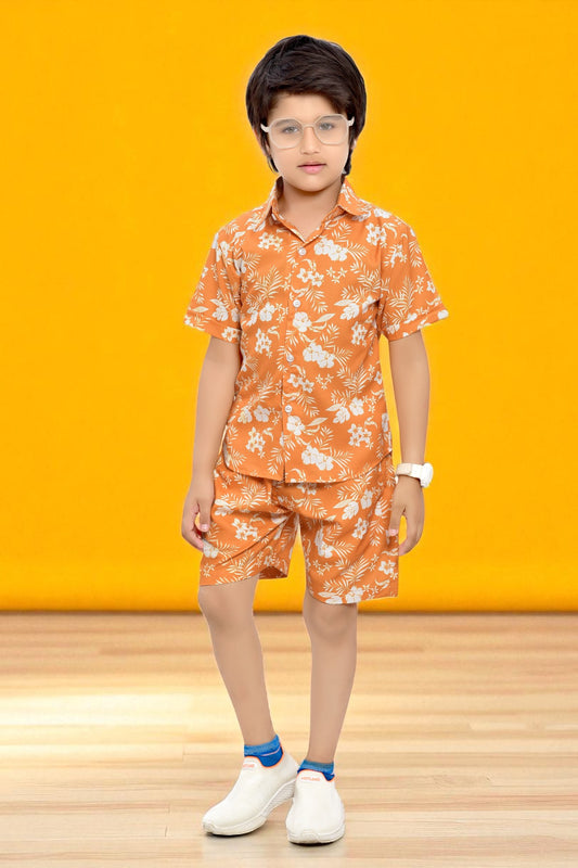 Orange Tropical Flower Printed Cotton Co-Ord Set for Boys