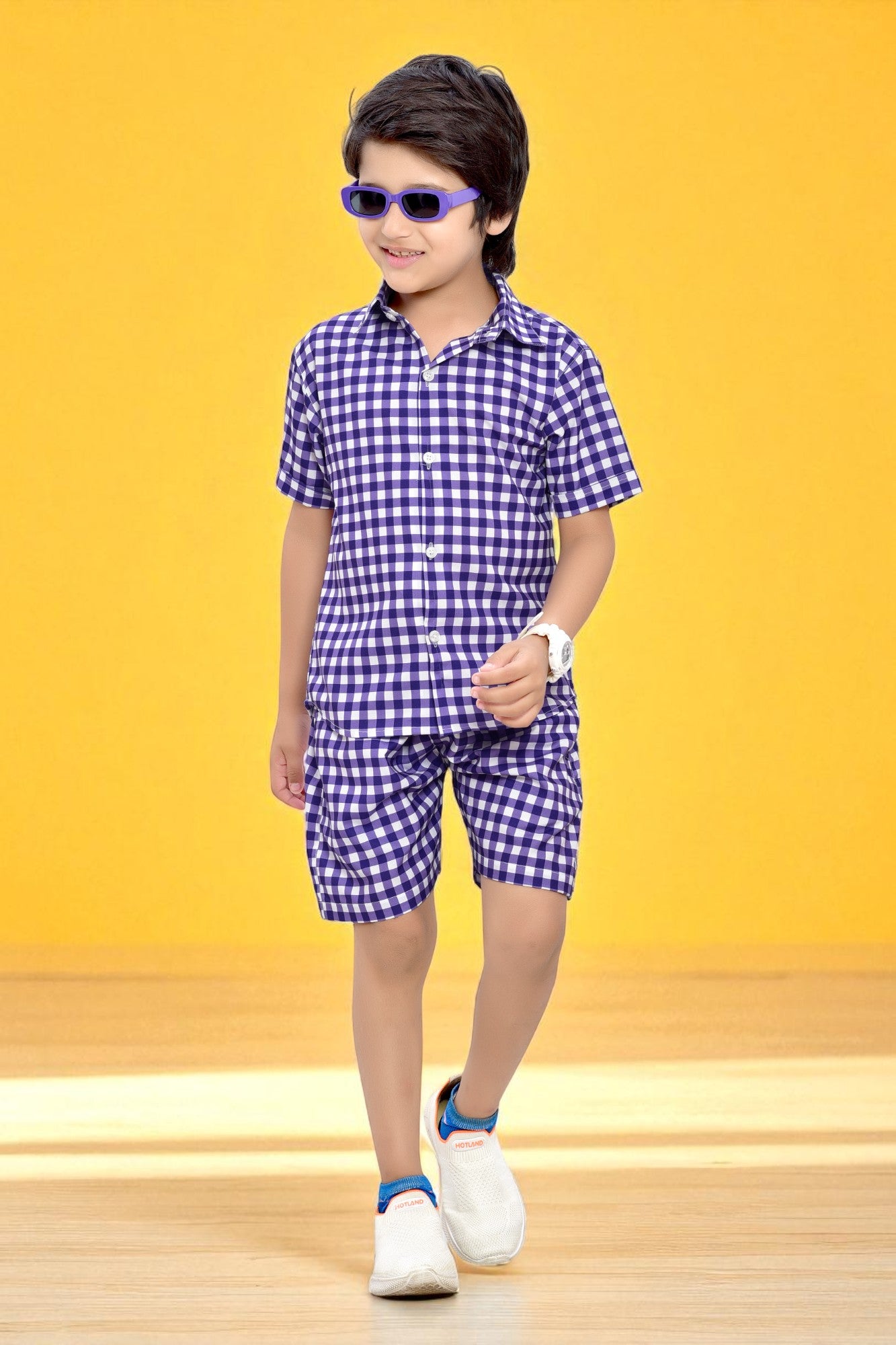 Purple and White Small Checks Printed Boys Cotton Co-Ord Set