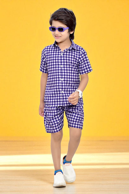 Purple and White Small Checks Printed Boys Cotton Co-Ord Set
