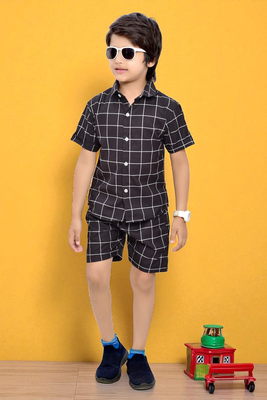 Stylish Black Big Checks Printed Cotton Co-Ord Set for Boys