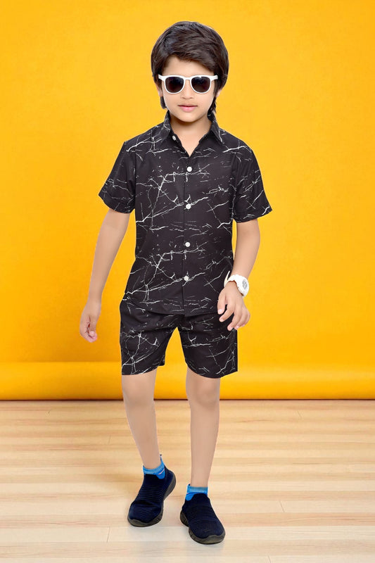 Black Marble Printed Boys Summer Cotton Co-Ord Set