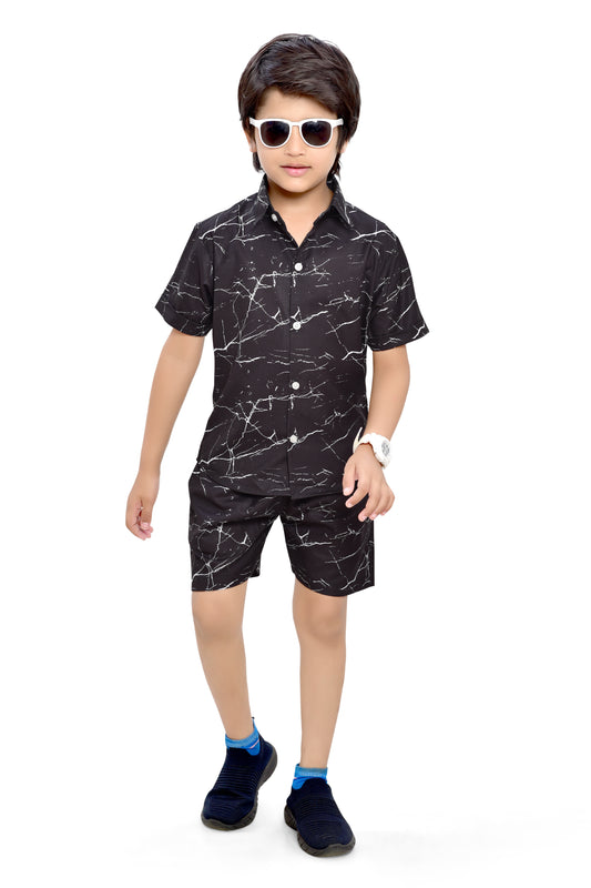 Black Marble Printed Boys Summer Cotton Co-Ord Set