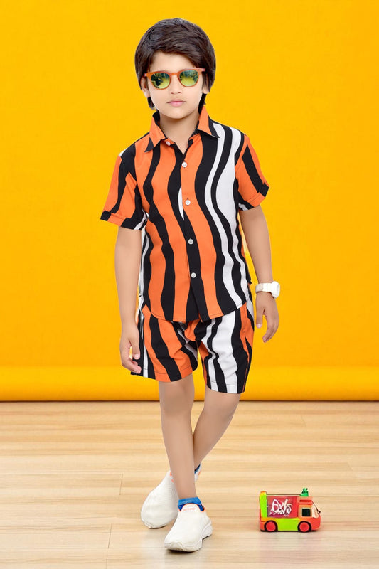 Orange and White Vertical Striped Printed Boys Cotton Co-Ord Set