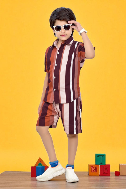 Brown Vertical Striped Printed Boys Cotton Co-Ord Set