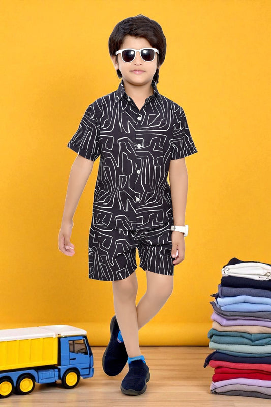 Black Abstract Lines Printed Boys Cotton Co-Ord Set
