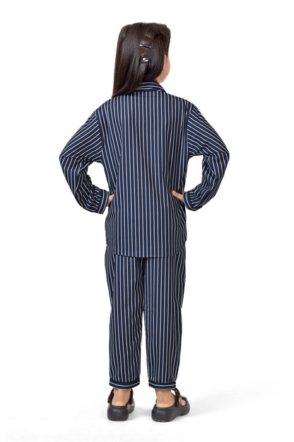 Navy Blue Striped Girls' Nightwear Set