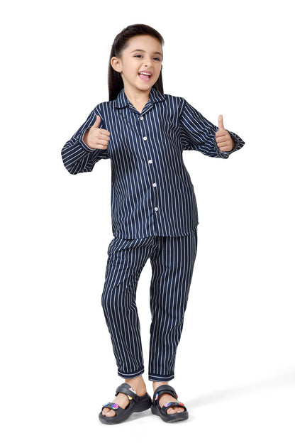 Navy Blue Striped Girls' Nightwear Set