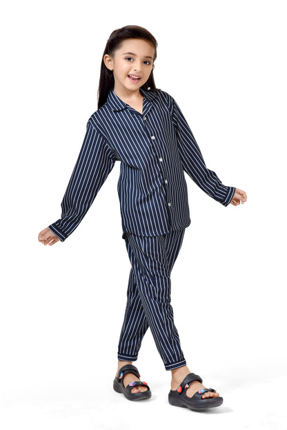 Navy Blue Striped Girls' Nightwear Set