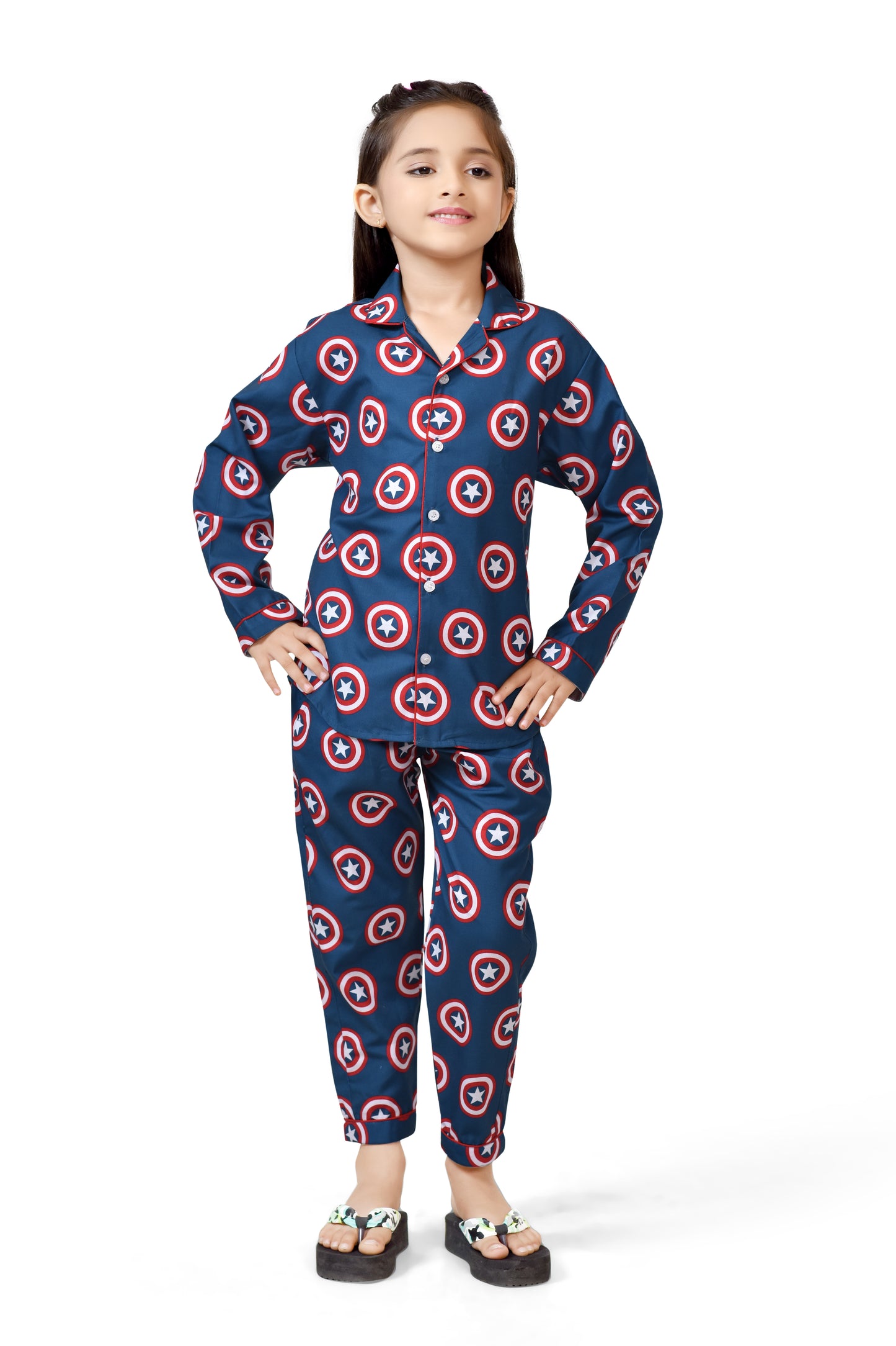 Blue Captain America Shield Printed Girls Night Suit