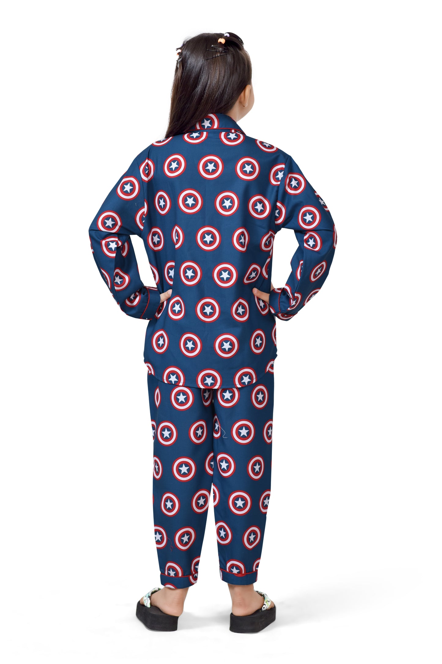 Blue Captain America Shield Printed Girls Night Suit