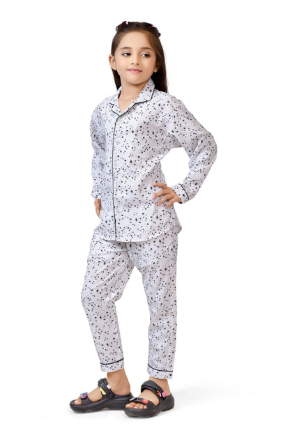 Black & White Polka Printed Girls Nightsuit - Full Sleeve