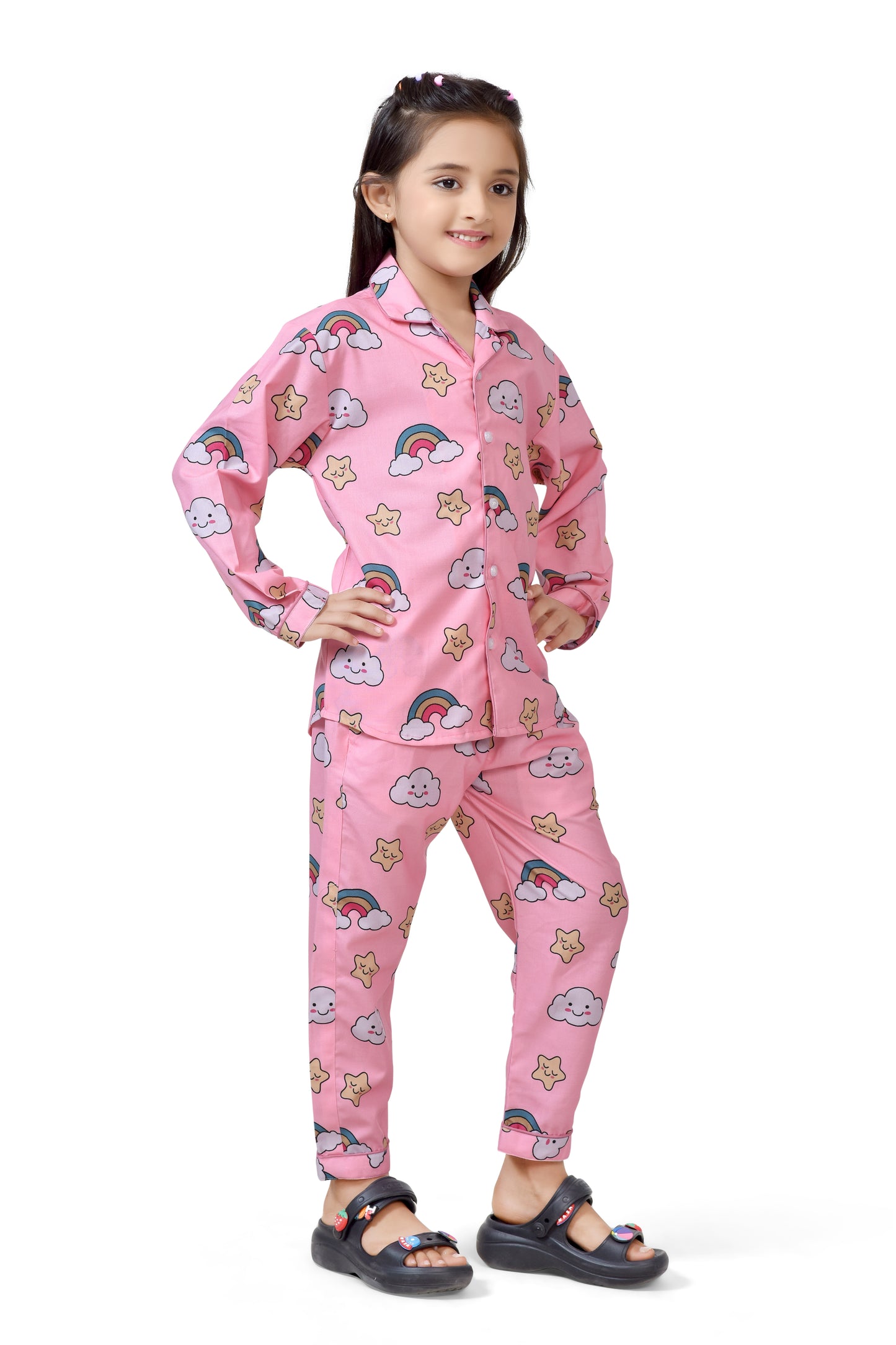 Baby Pink Rainbow Print Girls Cotton Night Suit - Back View 2 | CLUB96
