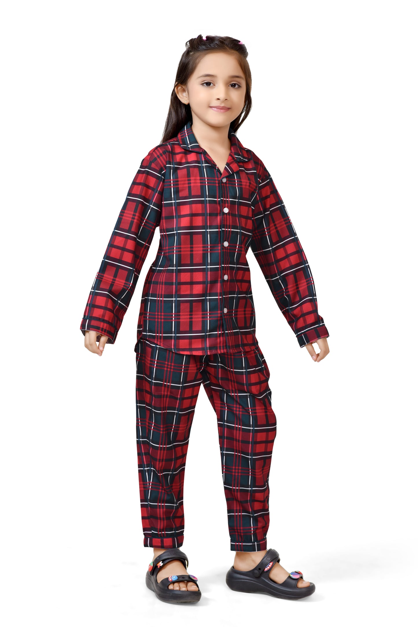 Red and Black Christmas Theme Girls Cotton Night Suit