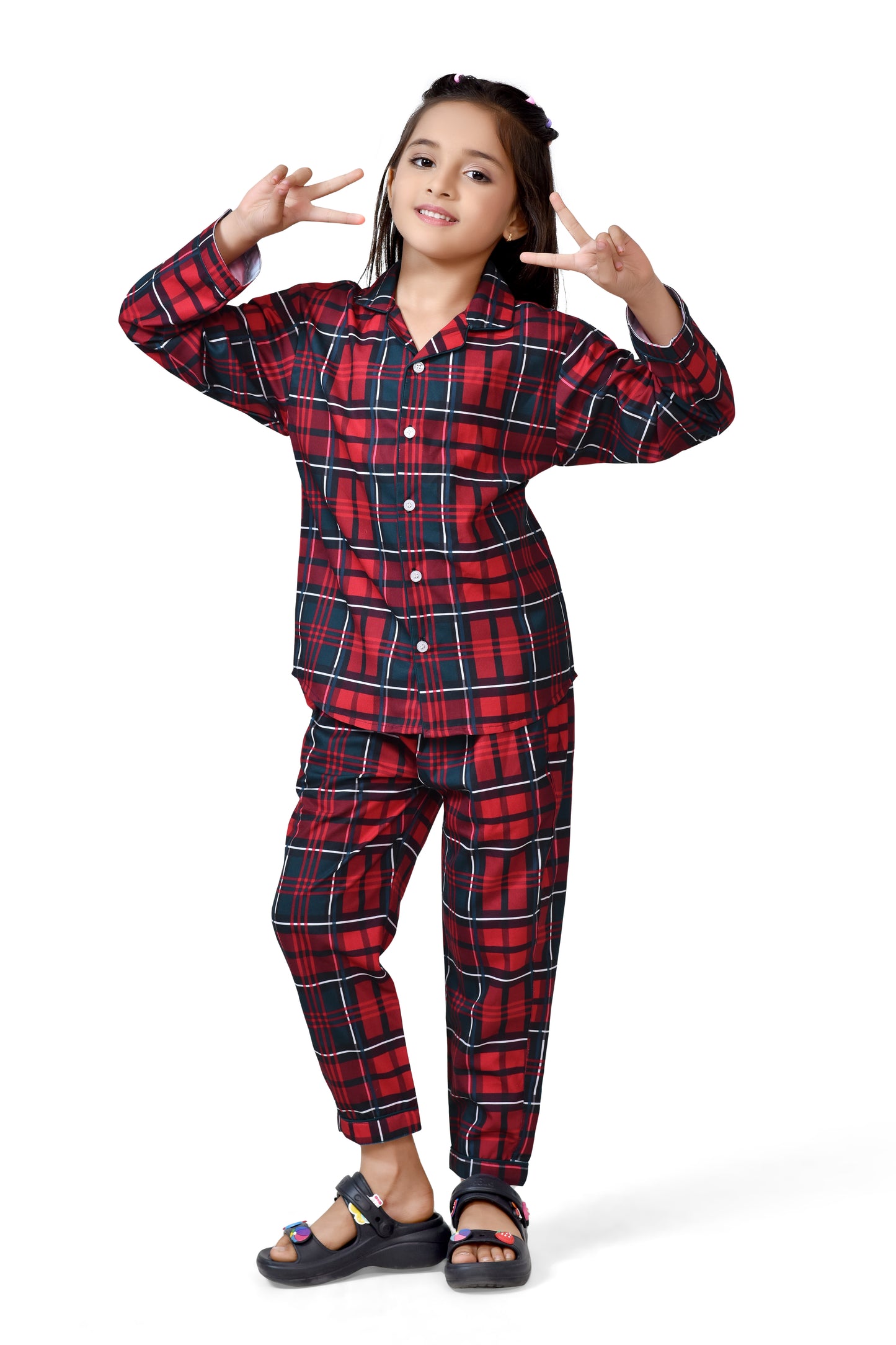 Red and Black Christmas Theme Girls Cotton Night Suit