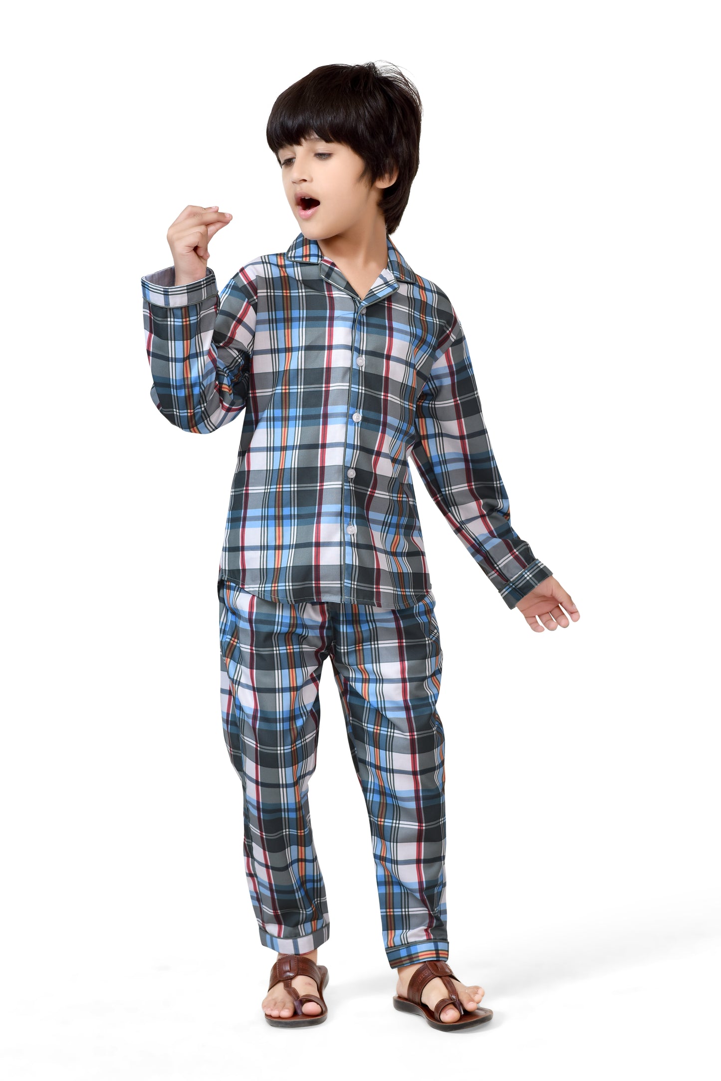 Stylish Blue and Grey Checks Printed Boys Night Dress