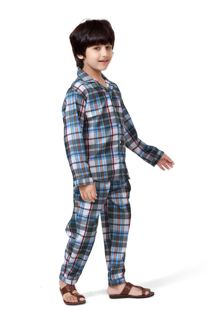 Stylish Blue and Grey Checks Printed Boys Night Dress