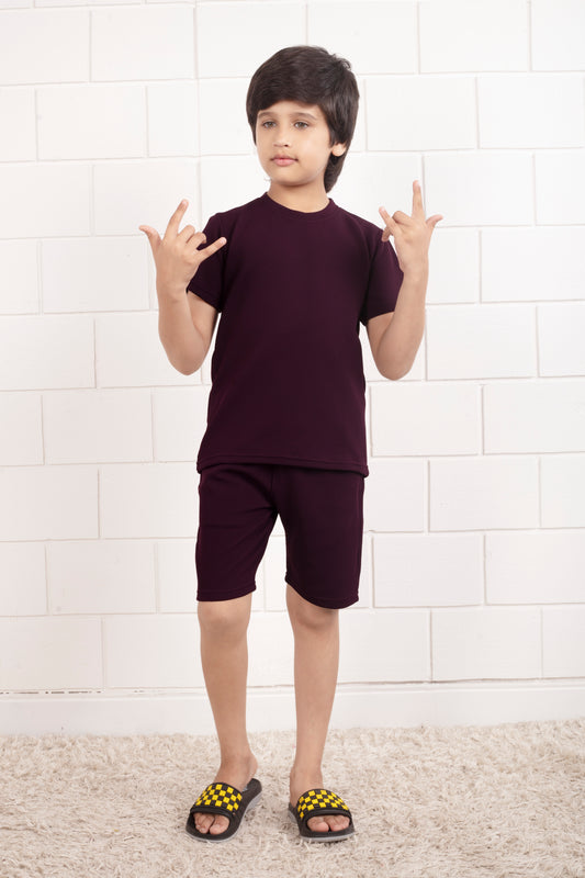 Maroon_color_cotton_waffle_cute_shorts_set - FrontView