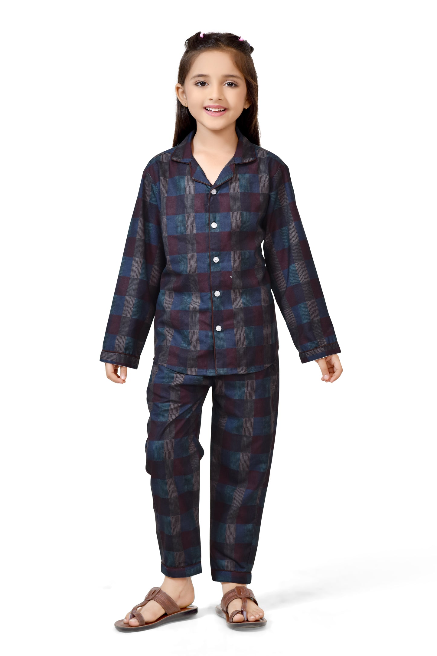 Buy Midnight Blue Plaid Printed Girls Cotton Night Suit Online - Club96